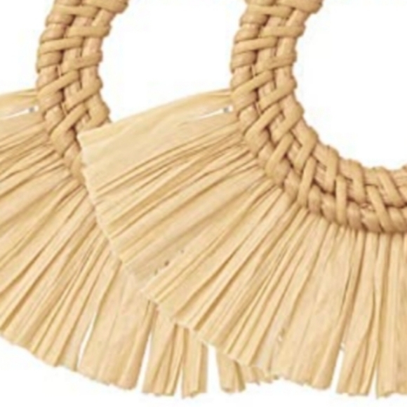 New Raffia Fringe Rattan Oversized Statement Earrings Big Round Botanical Wicker - Picture 2 of 4